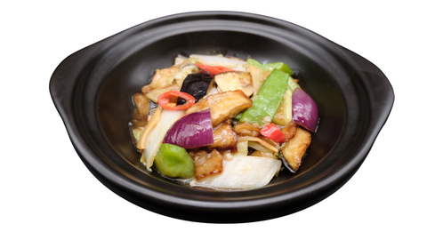 128 Cocotte d’aubergines braisées aux crevettes 鲜虾红烧茄子煲